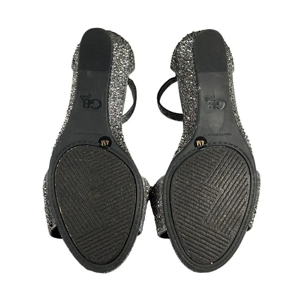 GB Girls Sparkly Sandals Size 4M Shoes Wedge Gray Jeweled Ankle Strap Fancy